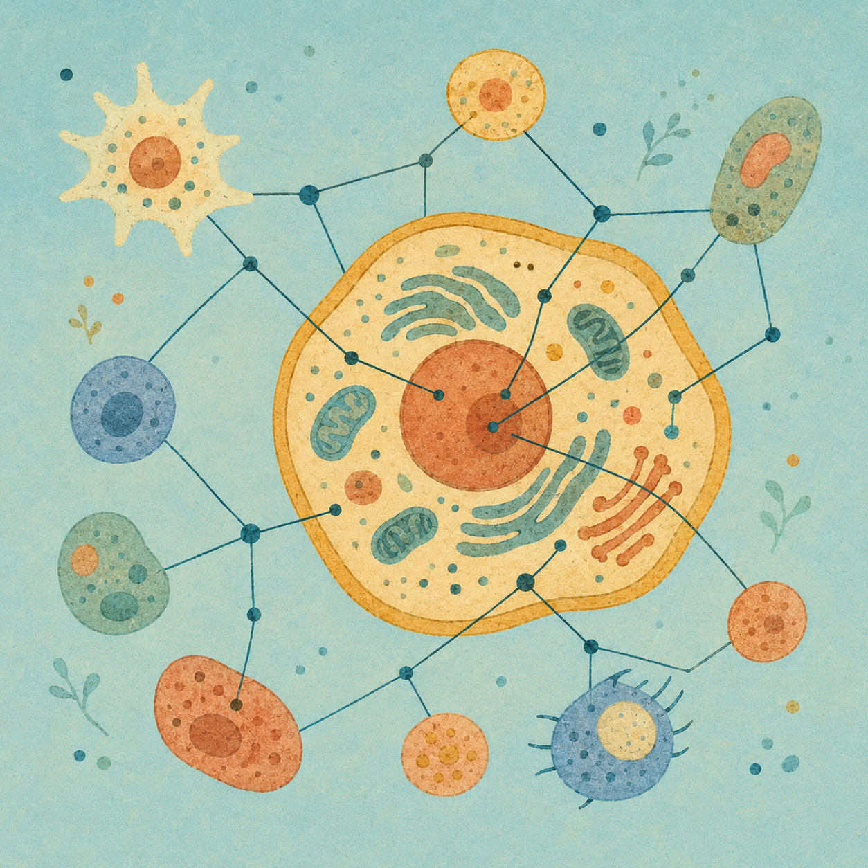 Illustrated network of diverse cells connected around a central cell