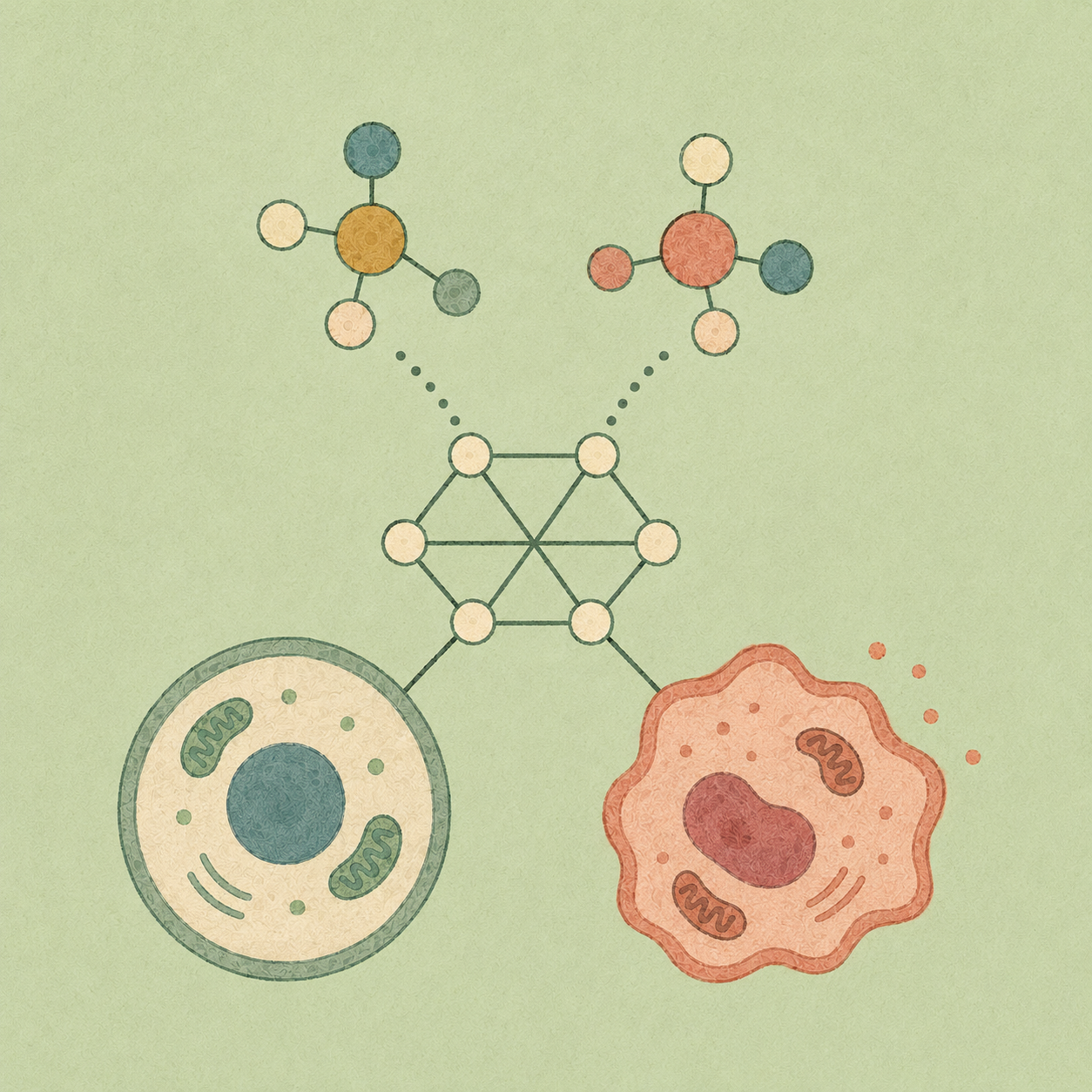 Illustrated molecular structures above two contrasting cells